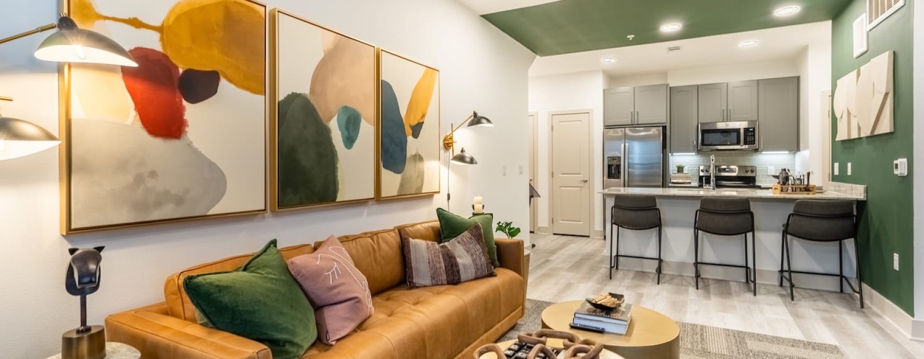 a living room with a couch and a table