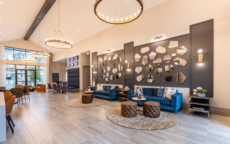 vast lobby space with chandeliers